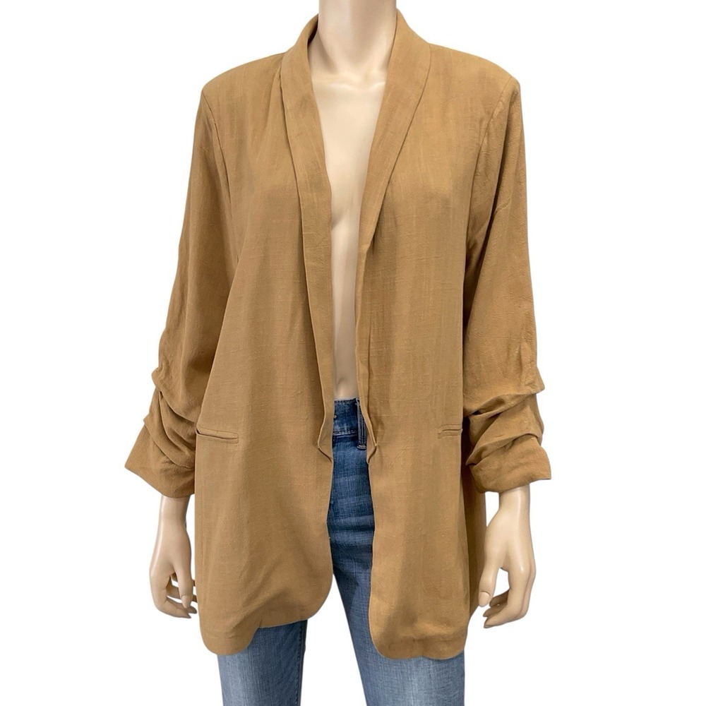 Entro Blazer Women Large Tan Brown Open 3/4 Sleeve Jacket Drape NWT